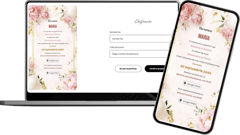 Invitație Botez Digitală "Pink Flowers - Minimalist"