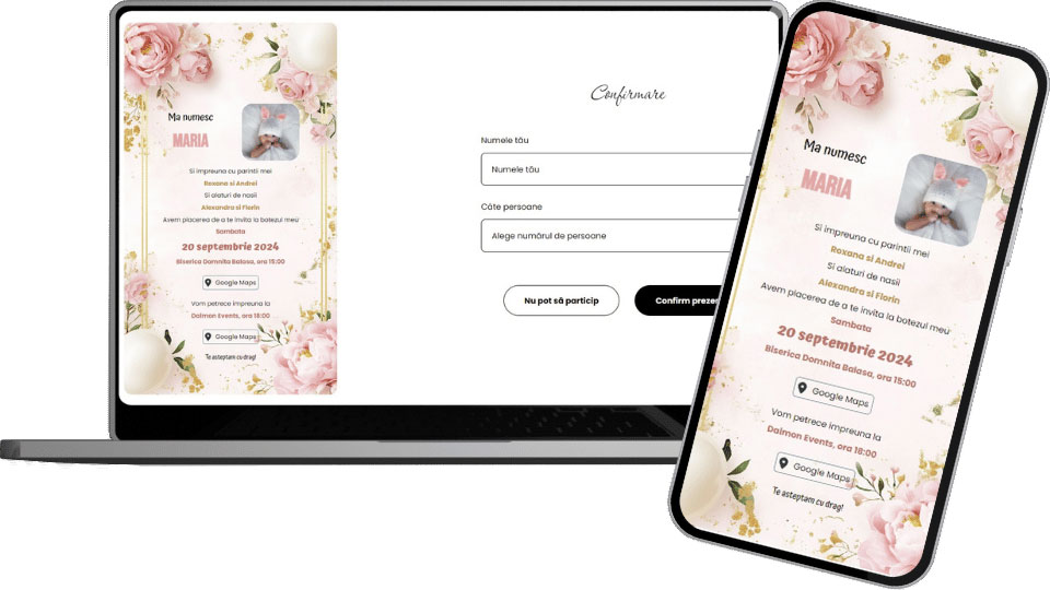 Invitație Botez Digitală "Pink Flowers - Classic"