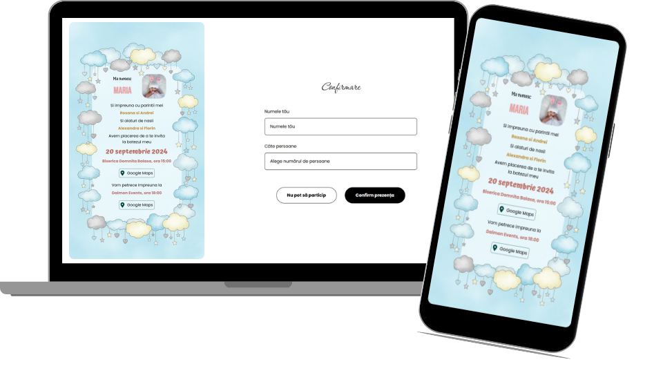 Invitație Botez Digitală „Blue Hearts Baptism - Classic”