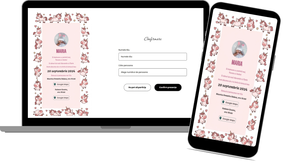 Invitație Aniversare Digitală „Pink Hearts Unicorns 2 - Standard”