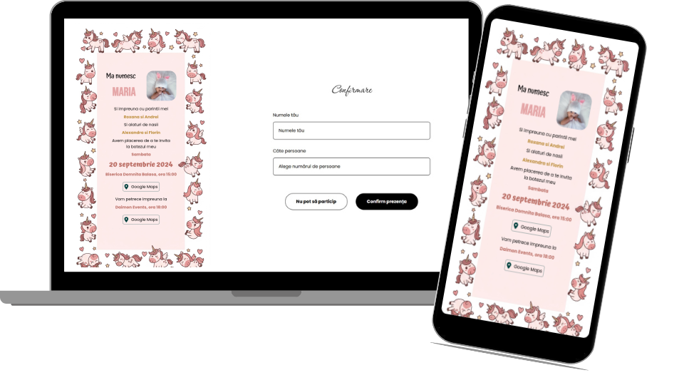 Invitație Aniversare Digitală „Pink Hearts Unicorns 2 - Classic”