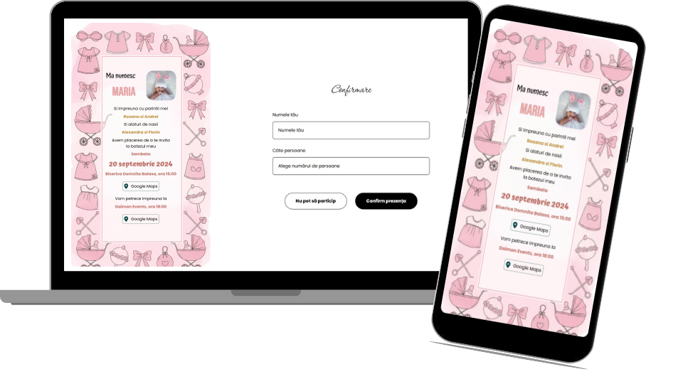 Invitație Botez Digitală „Pink Baptism - Classic”