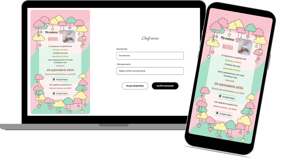 Invitație Botez Digitală „Pink Hearts Baptism - Classic”