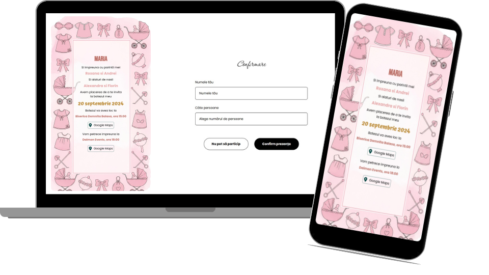 Invitație Botez Digitală „Pink Baptism - Minimalist”