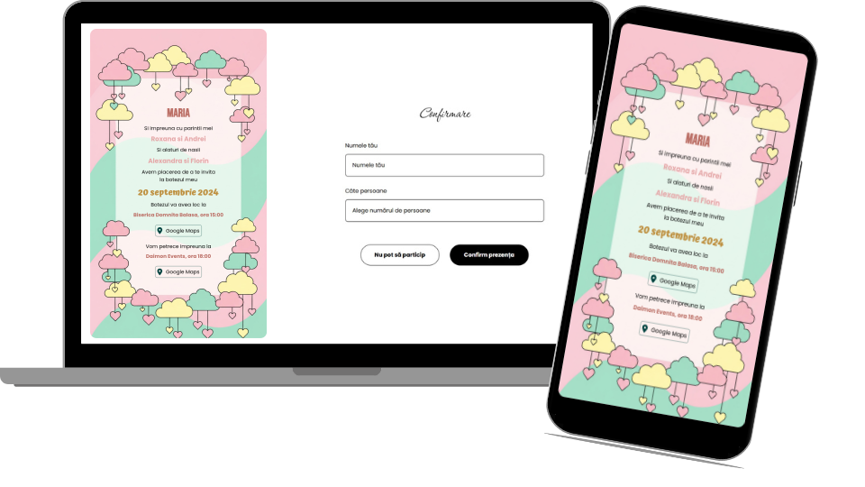 Invitație Botez Digitală „Pink Hearts Baptism - Minimalist”