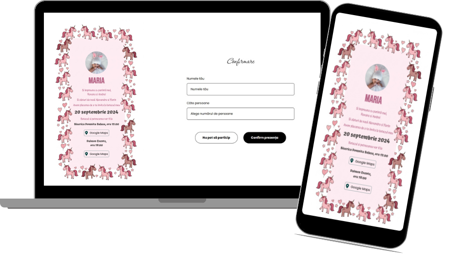 Invitație Aniversare Digitală „Pink Hearts Unicorns 1 - Standard”