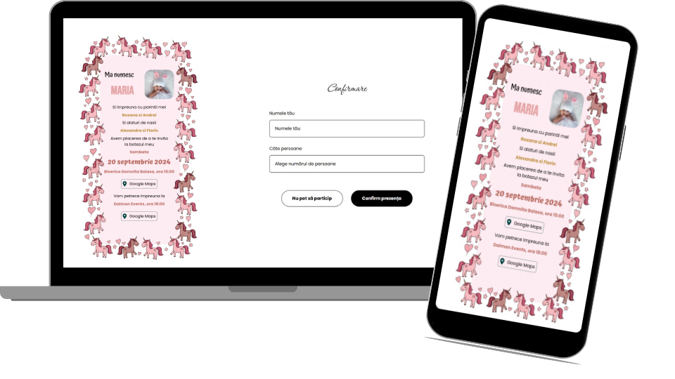 Invitație Aniversare Digitală „Pink Hearts Unicorns 1 - Classic”