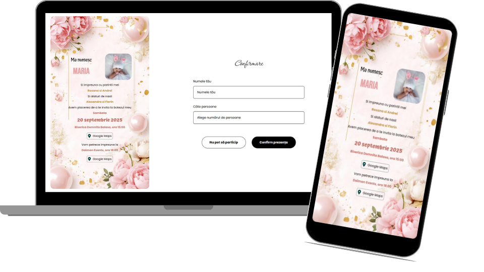 Invitație Botez Digitală "Pearl Pink Flowers - Classic"