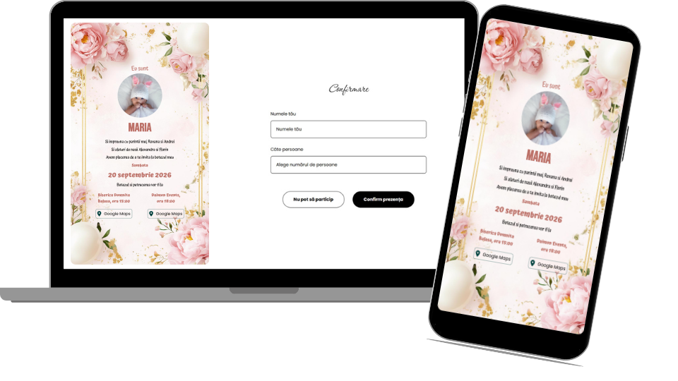 Invitație Botez Digitală "Pink Flowers - Standard"