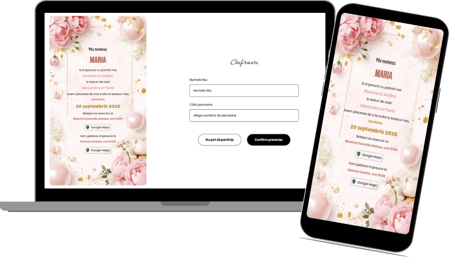 Invitație Botez Digitală "Pearl Pink Flowers - Minimalist"