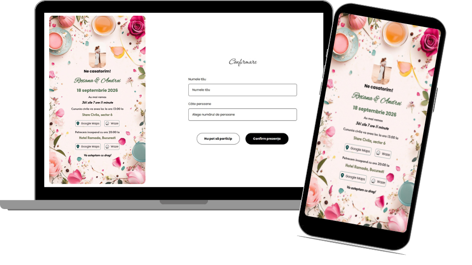 Invitație Nuntă Digitală "Floral Tea Party - Count Down"