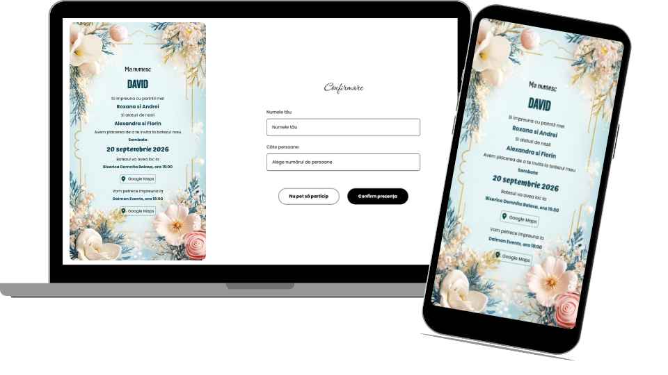 Invitație Botez Digitală "Blue Flowers - Minimalist"