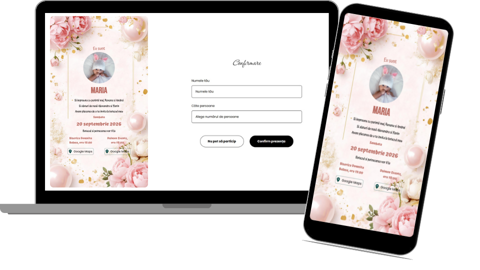 Invitație Botez Digitală "Pearl Pink Flowers - Standard"