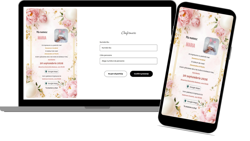 Invitație Botez Digitală "Pink Flowers - Classic"