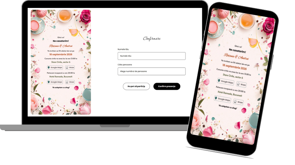 Invitație Nuntă Digitală "Floral Tea Party - Minimalist"