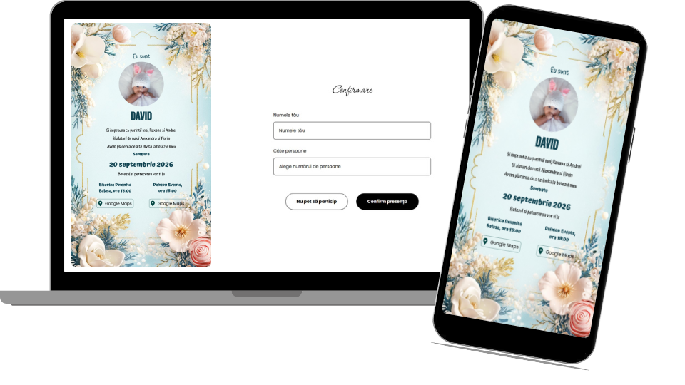 Invitație Botez Digitală "Blue Flowers - Standard"