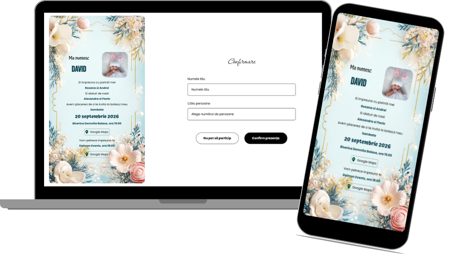Invitație Botez Digitală "Blue Flowers - Classic"