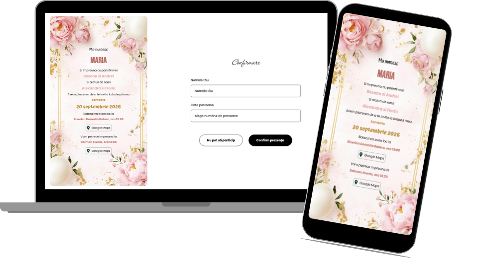 Invitație Botez Digitală "Pink Flowers - Minimalist"