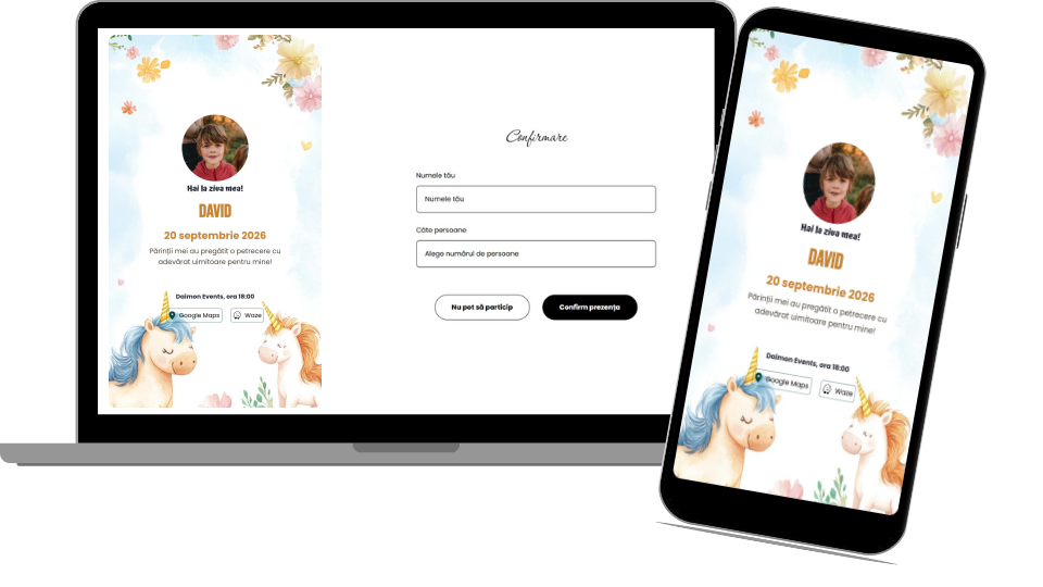 Invitație Aniversare Digitală „Unicorns 2 - Classic”